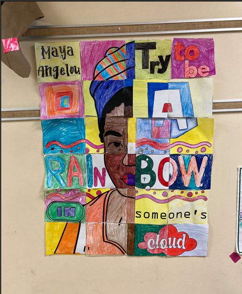 A collage of student work that brings together colorful squares forming a portrait of Maya Angelou and a quote.